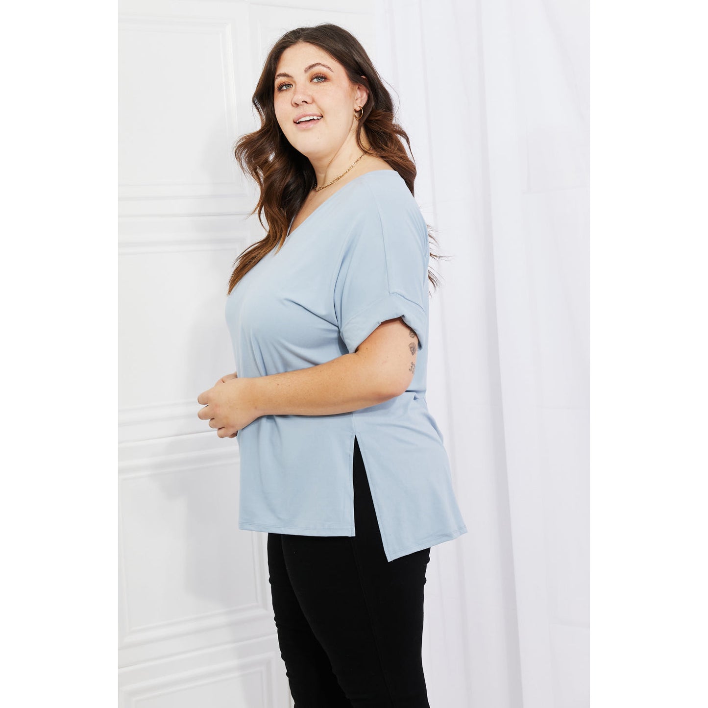 Zenana Simply Comfy V-Neck Loose Fit Shirt in Blue